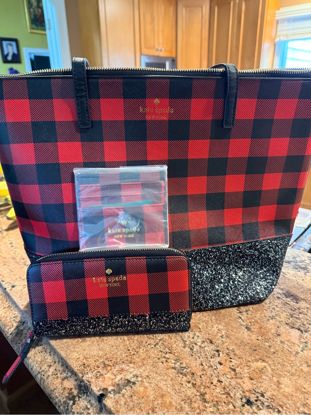kate spade Red& Black Buffalo Plaid Tote w/ Glitter Base w/ wallet & card holder